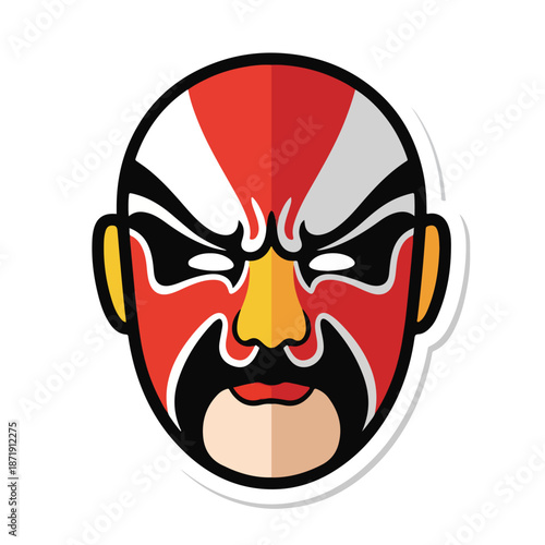 A stylized, red and white face with a fierce expression