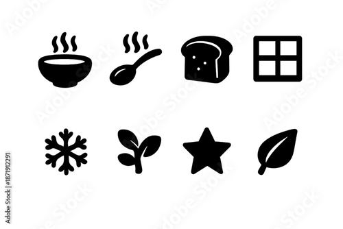 Cozy Soup Icon Set. Cozy soup icons. Filled icon set of cozy soup icons: soup bowl, spoon, steam lines, bread