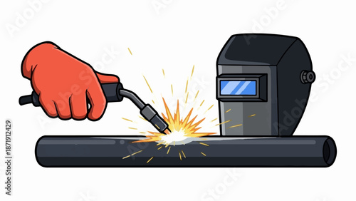 Welder in protective gear sparks bright flame joining metal pipe