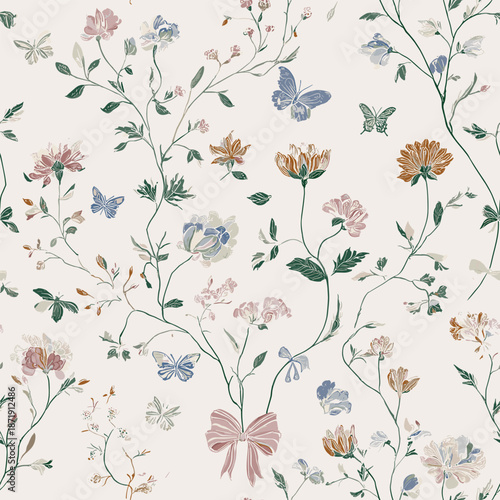 Romantic Floral Toile Seamless Pattern with Butterflies and Bows Whimsical Vintage Botanical Design. Vector Illustration