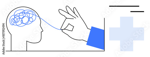 Mental health, psychological therapy, medical support, stress management, problem-solving, healthcare. Hand untangling a tangled brain with a medical cross. Mental health and therapy concept