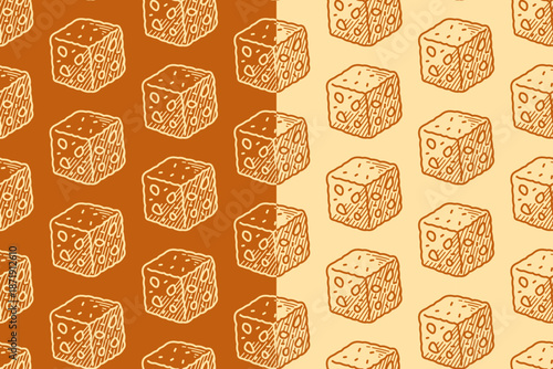Almond cube cake engraving seamless pattern on brown beige background set for merchandise. Dairy block hatching pattern background for pastry. Cheese bite dessert line art motif wallpaper for bakery