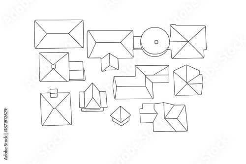 Snow-Laden Rooftop Lines. Winter architecture rooftops aerial snow. Minimalistic one-line drawing