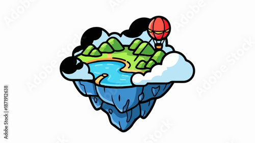 Whimsical floating island with a hot air balloon, lake, and green hills