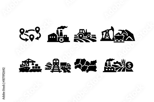 Image Generation. Economic Geography. Filled icon set of Economic Geography: trade routes, industry factory,