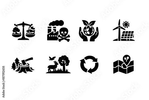 Image Generation. Environmental Geography. Filled icon set of Environmental Geography: ecosystem balance,