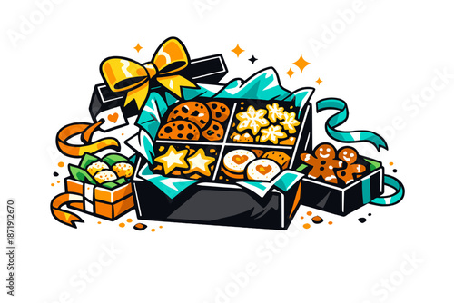 Image Generation. Cookies in Gift Boxes. Neatly packed cookies in an open gift box, ribbons and tissue paper