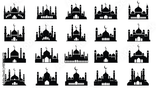 Collection of black silhouettes of mosques with domes and minarets white for graphic design with islamic Silhouette vector on whit Background