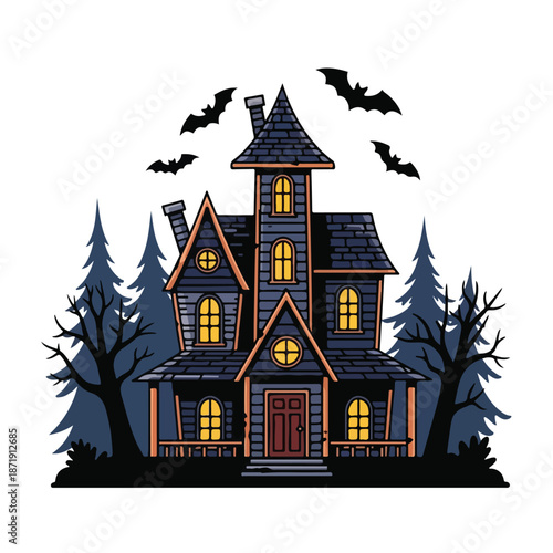 A spooky haunted house with bats and trees