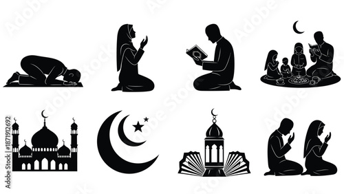 Black silhouettes of people praying and mosque icons white white with Islamic and prayer and Ramadan and faith Silhouette vector on whit Background