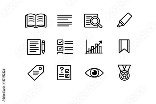 Image Generation. Reading Comprehension. Line outline icon set of reading comprehension: open book, text