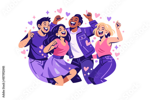 Image Generation. Joyful Dance Moment. Friends laughing and dancing together, sparkles bursting around them.