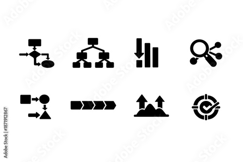 Image Generation. Algorithm Learning. Filled icon set of Algorithm Learning: flowchart diagram, decision tree,