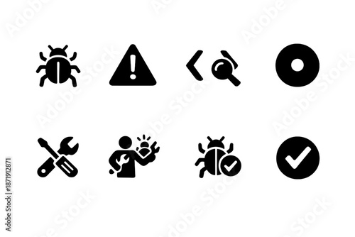 Image Generation. Debugging Skills. Filled icon set of Debugging Skills: bug icon, error warning, code