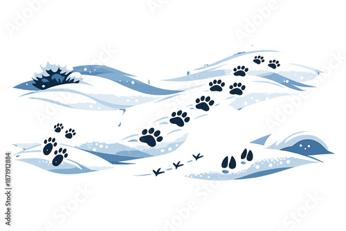 Image Generation. Winter Wildlife Footprints. Fresh animal tracks crossing untouched snow, paw prints forming