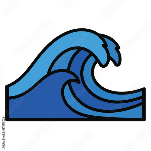 A stylized blue wave with black outline on white background