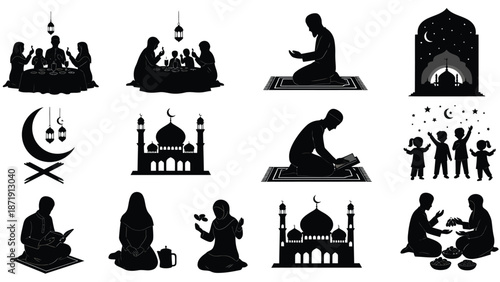 Black illustrations of people praying and celebrating ramadan white with mosque and lantern elements with Islamic Silhouette vector on whit Background