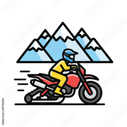 A motorcyclist in yellow riding a red motorcycle with mountains