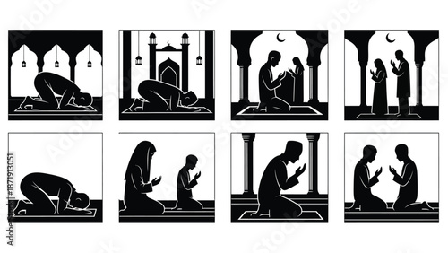 Black illustrations of people praying in various islamic prayer positions in a mosque with arches and columns Silhouette vector on whit Background