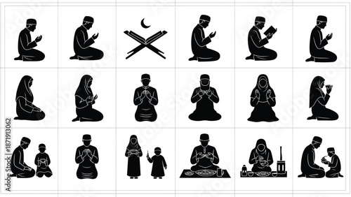 Black silhouettes of people in various prayer positions white with islamic symbols white with religion and faith Silhouette vector on whit Background