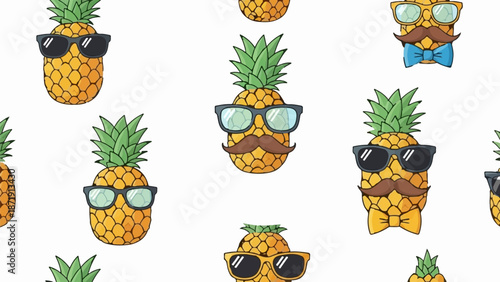 Whimsical pineapple characters sporting sunglasses and moustaches in a repeating pattern