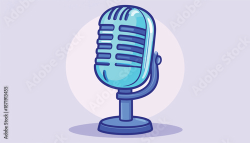 Vintage Blue Microphone Illustration on Stand for Podcast Recording.
