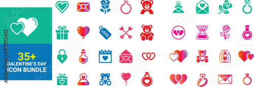 35 collection of colorful valentine's day themed icons and Loves symbols displayed 