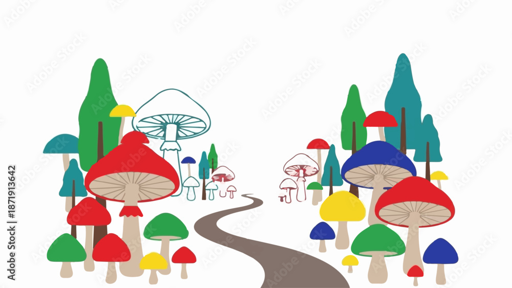 Fototapeta premium Whimsical pathway through a colorful, stylized forest of large and small mushrooms
