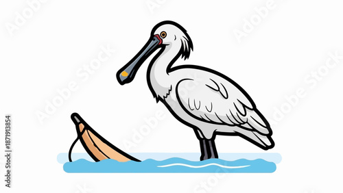 White bird with long beak standing in blue water next to a partially submerged wooden object