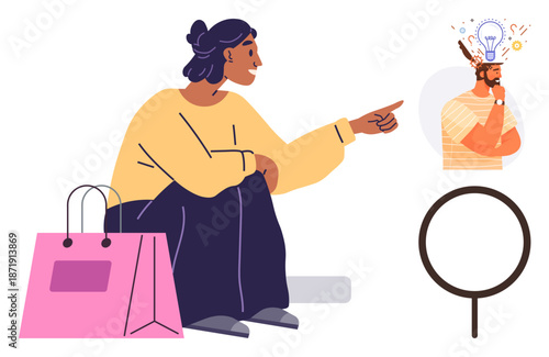 Innovation, decision-making, creativity, idea generation, shopping, research. A seated woman points at a man with a light bulb over his head, along with a shopping bag and magnifying glass