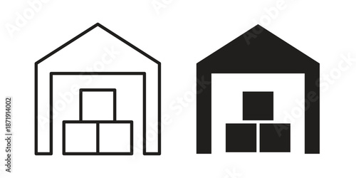Warehouse icons in a black filled and outlined style. Set of vector icons