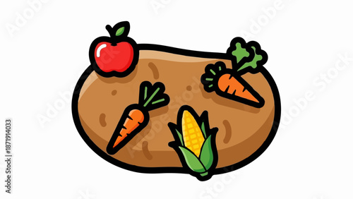 Whimsical cartoon featuring a potato with an apple, carrots, and corn
