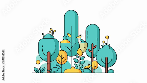 Whimsical cartoon forest scene with stylized trees, happy dogs, and a kangaroo