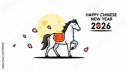 White horse adorned with a festive saddle trots under a large, textured moon with falling pink petals, celebrating New Year 2026