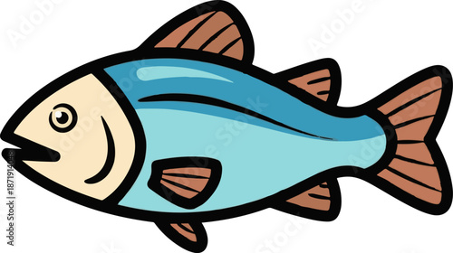 Whimsical cartoon fish illustration, bright blue body, cream belly, brown fins and tail
