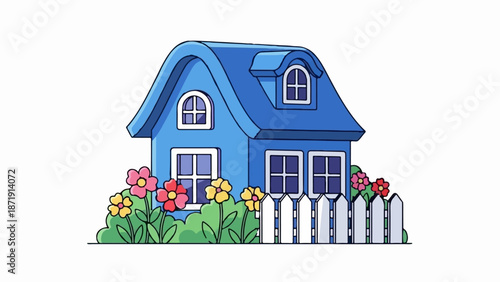 Whimsical blue house with a curved roof, dormer window, and colorful garden