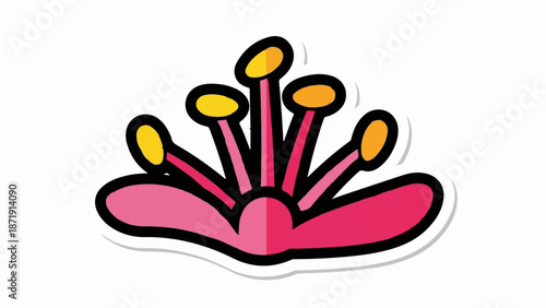 Whimsical cartoon illustration of a pink flower's reproductive parts, anther and stamen