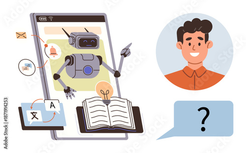 Artificial intelligence, chatbot interaction, language translation, learning, communication tools, tech education. Robot on a phone screen assisting man with translation and notifications. Artificial