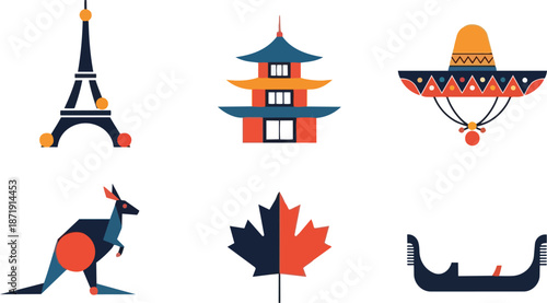 Collection of iconic landmarks and symbols from around the world.