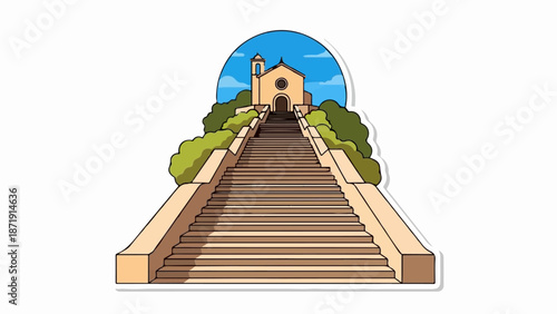 Wide stone steps lead to a humble church atop a hill under a bright blue sky