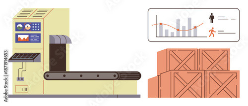 Automation, manufacturing, workflow efficiency, industrial logistics, supply chain, productivity tools. Image shows a conveyor belt, packed boxes and a data display graph. Automation