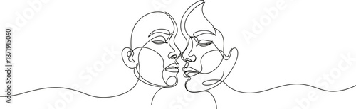 Abstract continuous line drawing illustrating two faces leaning towards each other in delicate romantic or intimate connection minimalism style art