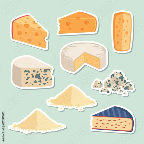 Assortment of delicious cheese variety stickers including hard soft blue and grated types