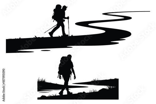 Two Hikers Walking on a Narrow Path with Backpacks and Trekking Poles