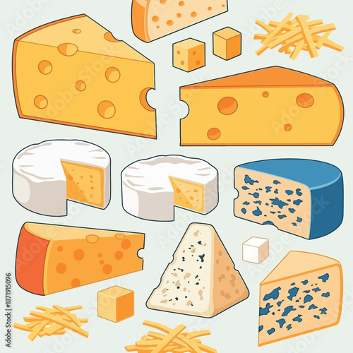 Assortment of delicious cheese varieties including swiss brie and blue cheese rendered in a cartoon food illustration style