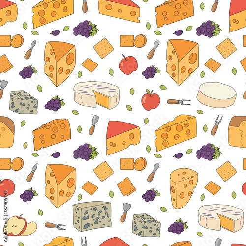 Seamless pattern featuring various types of delicious cheese wedges wheels and complementary appetizer snacks