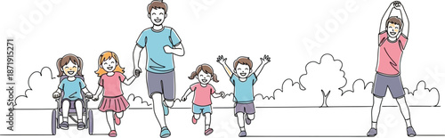 Diverse group of happy children participating in outdoor physical activity alongside an adult promoting inclusive fitness and wellness together