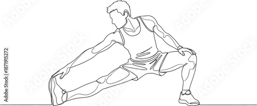 Athletic man in singlet and shorts performing a deep hamstring stretch exercise as continuous line art illustration for fitness and warm up routines