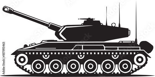 Ilustración gráfica de tanque militar en estilo blanco y negro. Vehículo blindado. Trazo editable.