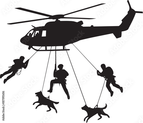 Ilustración gráfica de descenso táctico desde helicóptero con personas y perros. Estilo negro sobre blanco. Trazo editable.